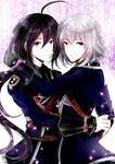  ahoge armor black_hair gloves honebami_toushirou japanese_armor male_focus maychain military military_uniform multiple_boys namazuo_toushirou necktie petals ponytail purple_eyes shoulder_armor sode touken_ranbu uniform white_hair 