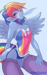  anthro anthrofied blue_fur breasts clothed clothing corset cutie_mark equine feather female friendship_is_magic fur hair half-closed_eyes horse kinkypinkink legwear looking_at_viewer mammal multicolored_hair my_little_pony navel panties plain_background pony rainbow_dash_(mlp) rainbow_hair skimpy small_breasts smile solo thigh_highs underwear white_background wings 