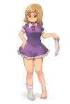  1girl adapted_costume barefoot blonde_hair blush dress frilled_dress frills full_body holding_sock kneehighs maribel_hearn no_headwear puffy_short_sleeves puffy_sleeves purple_dress short_dress short_sleeves shukinuko single_sock socks solo touhou unworn_socks yellow_eyes 