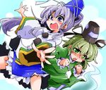  clenched_hands dress ghost_tail green_dress green_eyes green_hair hat japanese_clothes kariginu mononobe_no_futo multiple_girls open_mouth ponytail ribbon shinapuu short_hair silver_hair skirt smile soga_no_tojiko tate_eboshi touhou 