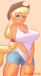  anthro anthrofied applejack_(mlp) big_breasts blonde_hair breasts clothed clothing cutie_mark earth_pony equine erect_nipples female freckles friendship_is_magic hair hat horse kinkypinkink mammal my_little_pony nipple_piercing nipples piercing plain_background pony skimpy solo tight_clothing 