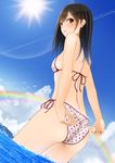  arms_behind_back bikini bird black_hair blush brown_eyes cloud condensation_trail day dutch_angle from_behind kentaurosu leaning_forward looking_back original outdoors polka_dot polka_dot_bikini polka_dot_swimsuit rainbow side-tie_bikini sky solo sun swimsuit wading water wet 