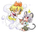  animal_ears bishamonten's_pagoda black_hair blonde_hair capelet closed_eyes genie ghost_tail grey_hair hair_ornament mouse_ears mouse_tail multicolored_hair multiple_girls nazrin open_mouth red_eyes shinapuu short_hair smile tail toramaru_shou touhou two-tone_hair 