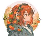  1girl absurdres arknights black_hoodie border chinese_commentary commentary_request cropped_torso crownslayer_(arknights) dated dopperu_ben food fruit headphones highres hood hoodie looking_to_the_side mandarin_orange red_eyes red_hair round_border shirt simple_background solo translation_request white_background white_shirt 