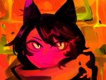 black_hair bracketsxxx brick_wall delicious_in_dungeon domestic_cat felid feline felis female hair humanoid izutsumi_(delicious_in_dungeon) mammal portrait pupils restricted_palette scarf short_hair slit_pupils solo wall_(structure) yellow_eyes
