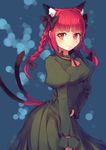  animal_ears black_bow blue_background blush bow braid cat_ears cat_tail cowboy_shot culter dress extra_ears eyelashes green_dress hair_bow hair_ribbon hand_on_hip kaenbyou_rin long_hair long_sleeves multiple_tails red_eyes red_hair red_ribbon ribbon smile solo tail touhou twin_braids 