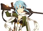  bad_id bad_pixiv_id blue_eyes blue_hair breasts hair_ornament kinta_(distortion) over_shoulder scarf short_hair simple_background sinon small_breasts sniper solo sword_art_online upper_body weapon weapon_over_shoulder white_background 