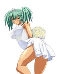  1girl back breasts dark_skin dress female flower green_eyes green_hair ikkitousen large_breasts long_hair looking_at_viewer official_art ryofu_housen smile solo standing tiara twintails white_background white_dress 