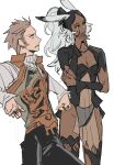  1boy 1girl animal_ears armor balthier black_helmet black_pants black_thighhighs breasts brown_hair cleavage cowboy_shot dark-skinned_female dark_skin earrings final_fantasy final_fantasy_xii fran_(ff12) furrowed_brow garbage_paper gold_trim grey_hair hand_on_own_face helmet jewelry long_hair medium_breasts multiple_rings pants ponytail rabbit_ears rabbit_girl ring see-through_clothes shirt short_hair shoulder_armor sideburns thighhighs thighs viera white_background white_shirt 