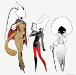  3girls alternate_costume antennae arthropod_girl ascot black_skin cane coat coat_on_shoulders colored_skin contemporary dress_suit f4d1a6 gloves highres holding holding_cane hollow_eyes hollow_knight hollow_knight:_silksong horned_mask hornet_(hollow_knight) lace_(hollow_knight) long_skirt mask multiple_girls notepad pantyhose pencil_skirt red_pantyhose shakra_(hollow_knight) skirt suit tail vest waistcoat white_gloves 