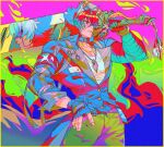  2boys animal_ear_fluff animal_ear_piercing animal_ears bandaged_arm bandages black_gloves black_hair black_jacket black_sclera blue_background closed_mouth collar collarbone colored_sclera commentary_request cowboy_shot crossed_bangs dog_boy dog_ears dog_tail fingerless_gloves gloves green_background green_pants hair_between_eyes hand_on_own_hip holding holding_sword holding_weapon jacket jewelry komano_manato komano_manato_(white_heart_silhouette) leaf_in_mouth looking_ahead male_focus mizu_cx multicolored_hair multiple_boys multiple_scars muscular muscular_male necklace over_shoulder pants pectorals purple_background red_hair reflection scar scar_across_eye scar_on_chest scar_on_face shirt short_hair spiked_jacket sword tail three-toned_background weapon weapon_over_shoulder white_hair white_shirt zenless_zone_zero 