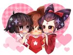  2girls amano_keita bangs black_hair blush brown_hair frown hanako-san_(youkai_watch) heart heart-shaped_pupils japanese_clothes multiple_girls nyaco oiran_(youkai_watch) purple_hair red_shirt shirt short_hair smile sparkle star suspenders sweat symbol-shaped_pupils white_background youkai youkai_watch youkai_watch_2 