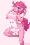  anthro anthrofied apron areola blue_eyes breasts clothed clothing cutie_mark equine erect_nipples female friendship_is_magic fur hair horse kinkypinkink looking_at_viewer mammal my_little_pony navel nipples open_mouth pink_fur pink_hair pinkie_pie_(mlp) plain_background pony skimpy solo tongue 