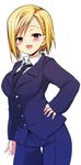  :d blonde_hair blue_pants blush breasts buttons cowboy_shot elena_(ff7) final_fantasy final_fantasy_vii formal hand_on_hip large_breasts long_sleeves necktie open_mouth pants red_eyes sen_(astronomy) short_hair simple_background sleeves_past_wrists smile solo thigh_gap turks white_background 