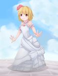 absurdres alternate_costume arched_back arm_garter blonde_hair blue_sky choker cloud day dress hair_ribbon heart highres looking_at_viewer outstretched_arms pavement red_eyes ribbon rumia short_hair shou_(ahiru_shinobu) sky smile solo spread_arms strapless strapless_dress touhou white_dress 