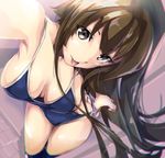  breasts breasts_apart brown_eyes brown_hair chromatic_aberration competition_school_swimsuit downblouse downscaled kantai_collection large_breasts long_hair looking_at_viewer md5_mismatch one-piece_swimsuit reaching_out resized satou_daiji school_swimsuit self_shot solo swimsuit tongue tongue_out yamato_(kantai_collection) 