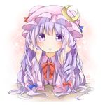  blush bow clown_222 crescent crescent_hair_ornament elbow_rest hair_bow hair_ornament hat long_hair open_mouth patchouli_knowledge purple_eyes purple_hair solo touhou very_long_hair 