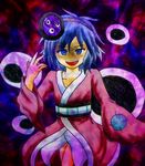  androgynous empty_eyes evil_smile extra_eyes hair_ornament japanese_clothes kimono len'en looking_back michi201411 mirror mitsumo short_hair shouyoukyou smile solo terumi_(len'en) youkai 