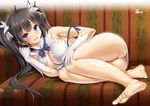  barefoot black_hair blue_eyes blue_ribbon blush breasts cleavage cleavage_cutout couch dress dungeon_ni_deai_wo_motomeru_no_wa_machigatteiru_darou_ka feet gloves hair_ornament hair_ribbon hestia_(danmachi) kure_masahiro large_breasts long_hair looking_at_viewer on_couch open_mouth rei_no_himo ribbon smile solo toes twintails white_dress white_gloves wiggling_toes 