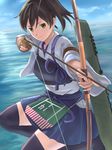  3: aiming archery arrow black_legwear blue_sky bow_(weapon) brown_eyes brown_hair cowboy_shot day drawing_bow flight_deck gloves hakama_skirt ho_den_keiji holding holding_arrow holding_bow_(weapon) holding_weapon japanese_clothes kaga_(kantai_collection) kantai_collection kyuudou looking_at_viewer muneate ocean outdoors outstretched_arm partly_fingerless_gloves pleated_skirt short_hair side_ponytail single_glove skirt sky solo tasuki thighhighs weapon yugake 