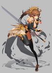  [saw] absurdres breasts bridal_gauntlets brown_hair cleavage elbow_gloves gloves highres large_breasts long_hair original red_eyes solo sword thighhighs weapon 