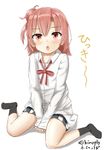  age_regression bad_id bad_pixiv_id dress_shirt hair_bun hippo_(hirople) pink_eyes pink_hair ribbon school_uniform shirt sitting skirt sleeves_past_wrists socks solo translated untucked_shirt wariza yahari_ore_no_seishun_lovecome_wa_machigatteiru. younger yuigahama_yui 