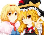  alice_margatroid beegle blonde_hair commentary_request grin hat kirisame_marisa multiple_girls one_eye_closed smile touhou witch_hat 