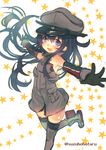  :d akatsuki_(kantai_collection) anchor armpits arms_up bare_shoulders bismarck_(kantai_collection) bismarck_(kantai_collection)_(cosplay) black_hair black_legwear blush boots cosplay detached_sleeves floating_hair gloves hat iron_cross kantai_collection long_hair looking_at_viewer military military_hat military_uniform open_mouth outstretched_arms peaked_cap purple_eyes smile solo spread_arms star starry_background suzuho_hotaru thighhighs twitter_username uniform zettai_ryouiki 