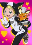  ;) animal_costume blonde_hair blue_eyes cosplay dedenne dog_costume earrings eureka_(pokemon) gen_6_pokemon gradient gradient_background heart heart_background highres iggy_(jojo) iggy_(jojo)_(cosplay) jean_pierre_polnareff jean_pierre_polnareff_(cosplay) jewelry jojo_no_kimyou_na_bouken one_eye_closed pokemon pokemon_(anime) pokemon_(creature) pokemon_xy_(anime) reo_j smile tail v 