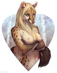  2015 anthro blonde_hair blue_eyes breasts caraid cat feline female genetta hair mammal nipples nude smile solo 