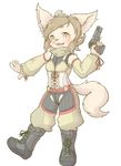  boots brown_eyes brown_hair canine clothing cream_fur dog female flat_chested footwear fur gun hair handgun kemono mammal notama pistol ranged_weapon short_hair weapon 