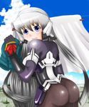  1girl armor artist_request ass blue_eyes blush breasts from_behind headgear horizon_ariadust kyoukaisenjou_no_horizon long_hair looking_at_viewer pantyhose silver_hair solo very_long_hair wavy_mouth 
