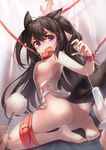  animal_ears ass bdsm black_hair bondage bottomless bound bound_legs bound_wrists breasts collar eyebrows fang feet highres kyuri_tizu long_hair open_mouth original pov purple_eyes pussy restrained seiza sitting small_breasts solo_focus syringe tears two_side_up 