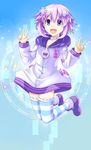 :d blue_background boots choker d-pad d-pad_hair_ornament double_v drawstring full_body hair_ornament hairclip highres hood hoodie jumping looking_at_viewer midair neptune_(choujigen_game_neptune) neptune_(series) open_mouth purple_eyes purple_footwear purple_hair short_hair smile solo striped striped_legwear thighhighs v wind wind_lift 