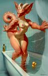  angry anthro bathroom bathtub big_ears breasts claws curved_horns dragon female horn inside nude partially_submerged pussy rubber_duck solo spikes water wide_hips zaggatar 