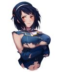  ascot black_gloves black_hair breasts covered_nipples crossed_arms gloves hat kantai_collection large_breasts military navel red_eyes shirt sola7764 solo takao_(kantai_collection) torn_clothes torn_shirt torn_sleeves underboob upper_body 