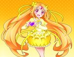  :d blush brooch bubble_skirt choker cure_muse_(yellow) earrings gradient gradient_background heart heart_earrings heart_hands jewelry long_hair looking_at_viewer magical_girl open_mouth orange_hair pink_eyes polka_dot polka_dot_background precure shirabe_ako skirt smile solo suite_precure takayama_zeruda very_long_hair yellow_choker 