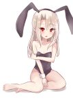  1girl animal_ears bangs bare_arms bare_legs bare_shoulders barefoot black_hairband black_leotard blush bunny_ears bunnysuit collarbone commentary eyebrows_visible_through_hair fake_animal_ears fate/kaleid_liner_prisma_illya fate_(series) full_body groin hair_between_eyes hairband highres illyasviel_von_einzbern leotard light_brown_hair long_hair natsu_(sinker8c) parted_lips red_eyes single_wrist_cuff sitting solo strapless strapless_leotard symbol_commentary toenails white_background wrist_cuffs yokozuwari 