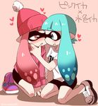  bike_shorts blue_eyes blue_hair blush domino_mask eromame hat heart hood hoodie inkling long_hair mask monster_girl multiple_girls open_mouth pointy_ears red_eyes red_hair shirt shoes simple_background smile sneakers splatoon_(series) splatoon_1 t-shirt tentacle_hair translated yuri 