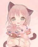  :d animal_ears blue_eyes blush cat_ears cat_tail crossover espurr gen_6_pokemon grey_hair heart holding long_sleeves okayu_(headless) open_mouth pokemon pokemon_(creature) sanya_v_litvyak short_hair smile strike_witches tail upper_body world_witches_series 