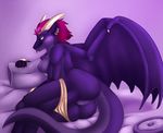  2015 anthro anus bed butt dragon ear_piercing female fleki hair horn nude piercing pillow pussy red_hair smile solo wings 