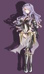  armor armored_boots black_armor boots breasts camilla_(fire_emblem_if) fire_emblem fire_emblem_if gauntlets grey_footwear hair_over_one_eye highres knee_boots large_breasts long_hair purple_eyes purple_hair smile solo takeshisu wavy_hair 