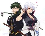  2girls blue_eyes breasts cleavage genderswap gintama hijikata_toushirou large_breasts multiple_girls red_eyes sakata_ginko short_hair simple_background sword white_hair 