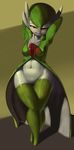  bottomless breasts gardevoir gloves gradient gradient_background green_hair large_breasts naughty_face navel nipples pokemon red_eyes stomach the_boogie wide_hips 