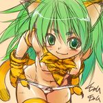  2010 animal_ears blush breasts cat_ears chamcham clothed clothing female green_eyes green_hair hair half-dressed humanoid looking_at_viewer navel nipples panties pink_background plain_background qtron samurai_shodown small_breasts solo topless underwear video_games 