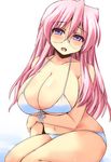  bikini blush breast_hold breasts glasses huge_breasts long_hair lucky_star micro_bikini open_mouth pink_hair purple_eyes shinshin solo swimsuit takara_miyuki white_bikini 