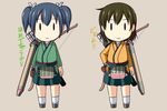  arrow bow_(weapon) brown_gloves flight_deck gloves hair_ribbon hand_on_hip hiryuu_(kantai_collection) kantai_collection looking_at_viewer multiple_girls nishi_koutarou quiver ribbon single_glove skirt smile souryuu_(kantai_collection) translated twintails weapon |_| 