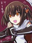  artist_name bangs brown_eyes brown_hair elbow_gloves gloves hair_between_eyes hair_ornament haura_akitoshi kantai_collection long_hair necktie ninja_slayer open_mouth red_background remodel_(kantai_collection) ribbon scarf school_uniform sendai_(kantai_collection) serafuku simple_background smile solo translated twitter_username two_side_up white_scarf 