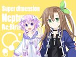  brown_hair d-pad d-pad_hair_ornament fuji_kakei green_eyes hair_ornament hair_ribbon hood hoodie if_(choujigen_game_neptune) jacket looking_at_viewer multiple_girls neptune_(choujigen_game_neptune) neptune_(series) one_side_up purple_eyes ribbon v 