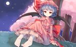  bat_wings blue_hair cherry_blossoms full_moon hat hat_ribbon knees_up long_sleeves looking_at_viewer mob_cap moon night night_sky no_shoes outdoors pantyhose red_eyes red_ribbon remilia_scarlet ribbon shone short_hair sitting sky solo touhou tree wallpaper white_legwear wings 